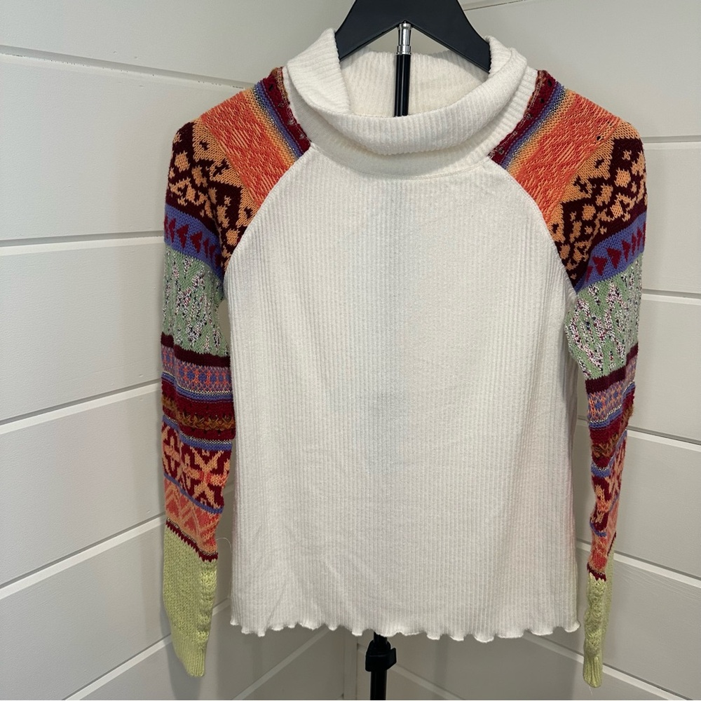 Free People Cream Ribbed Mock-Neck Sweater